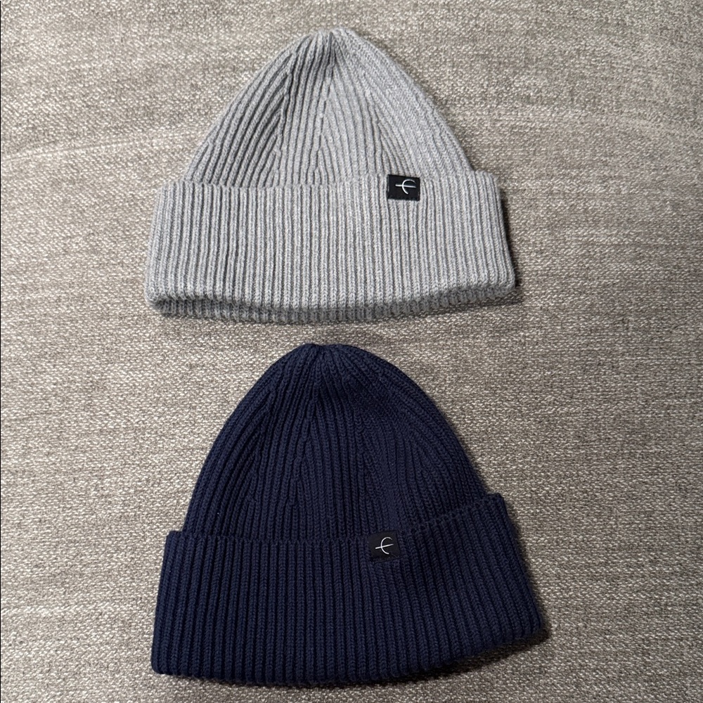 [Set of Two] Paper Label 100% Cotton Ribbed Gray and Navy Beanie